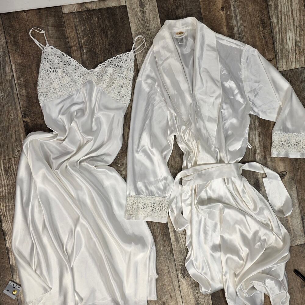 Vintage Talbots Ivory Satin Robe & Nightgown Set Lace Trim Bridal Lingerie L XL